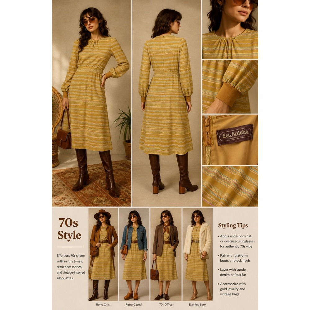 LeiAritalia Vintage Midi Dress Womens Mustard Yellow Striped Good Retro Mod